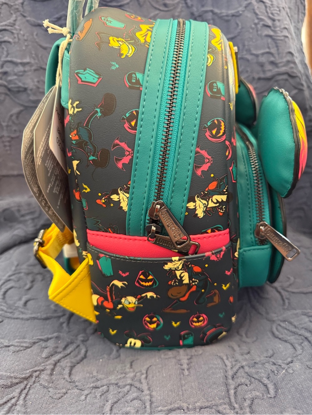Loungefly Neon Pumpkin Mickey Kids Mini Backpack - Teal, Hot Pink, Yellow, Black - Picture 4 of 6